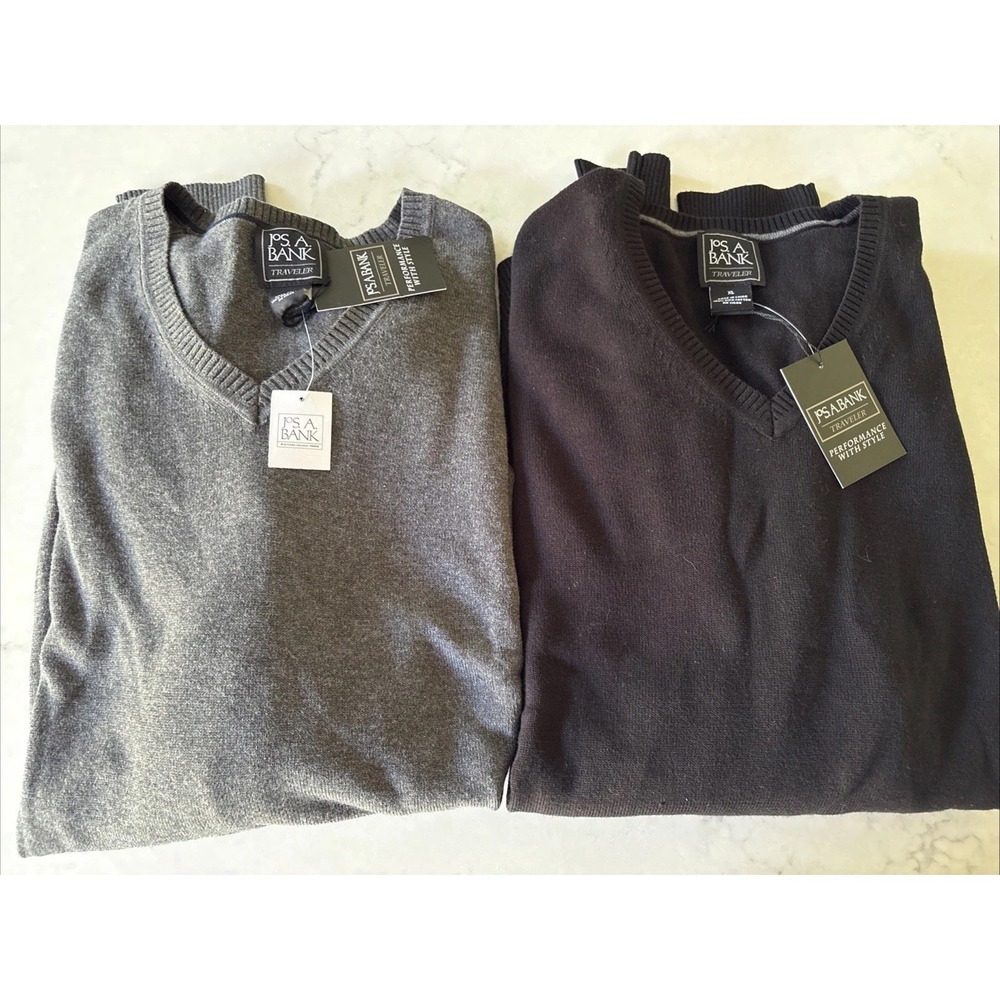 2 NWT Jos A Bank Mens XL Gray Black Traveler Pima Cotton V-Neck Pullover Sweater